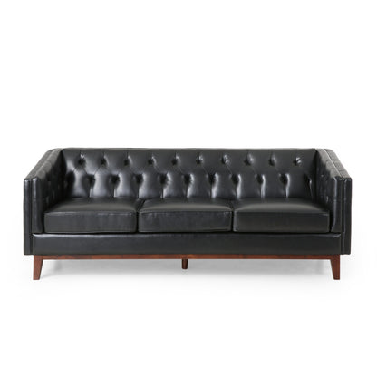Modern 81 Faux Leather Button Tufted 3-seater Sofa with Wood Legs for Living Room