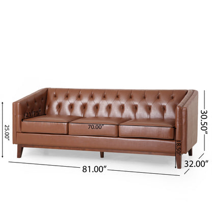 Modern 81 Faux Leather Button Tufted 3-seater Sofa with Wood Legs for Living Room