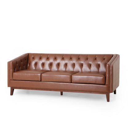 Modern 81 Faux Leather Button Tufted 3-seater Sofa with Wood Legs for Living Room