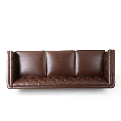 Modern 81 Faux Leather Button Tufted 3-seater Sofa with Wood Legs for Living Room