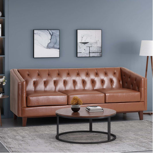 Modern 81 Faux Leather Button Tufted 3-seater Sofa with Wood Legs for Living Room