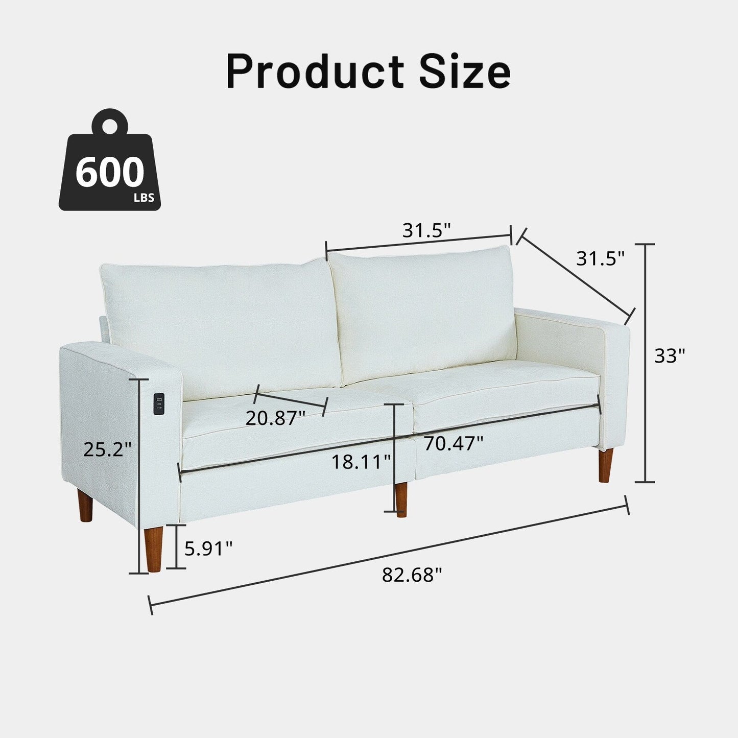 Modern 82 in. Square Arm Chenille Upholstered Rectangle Loveseat Sofa with USB Ports