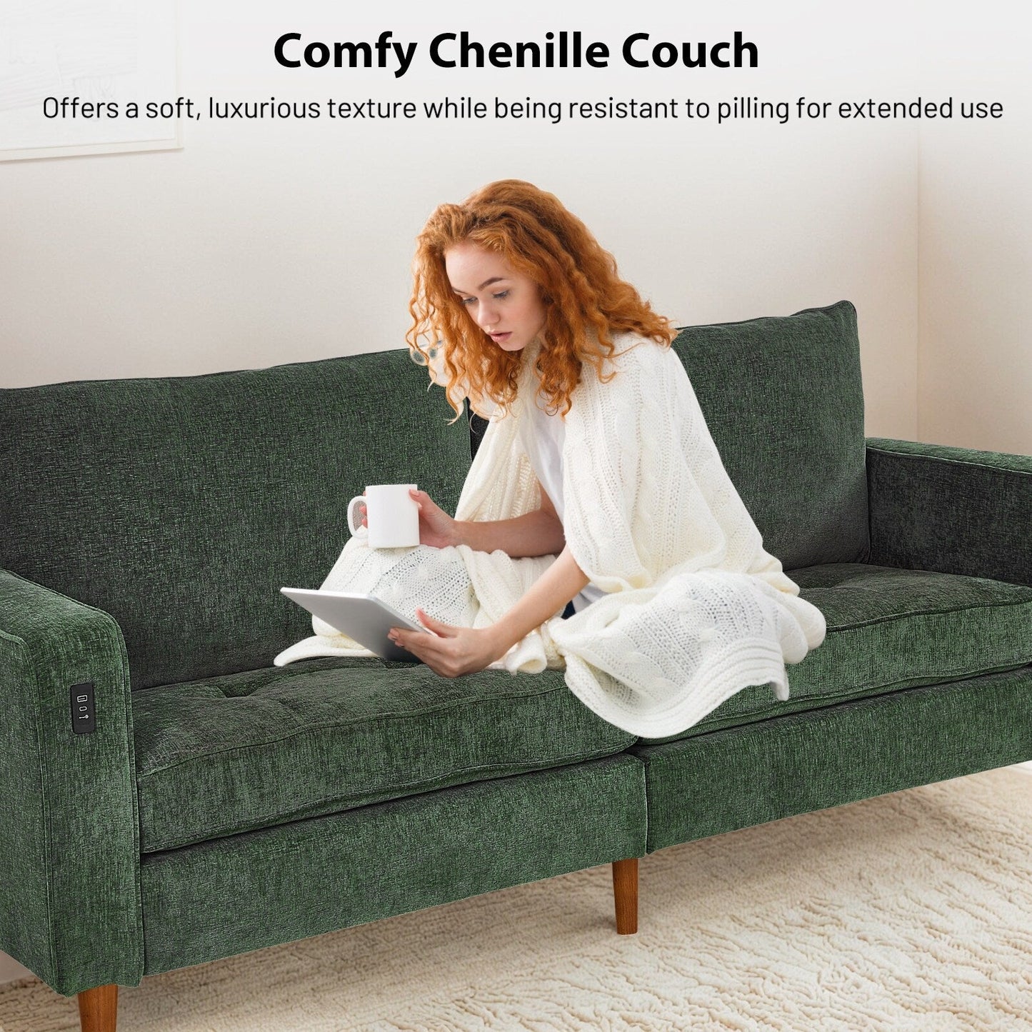 Modern 82 in. Square Arm Chenille Upholstered Rectangle Loveseat Sofa with USB Ports