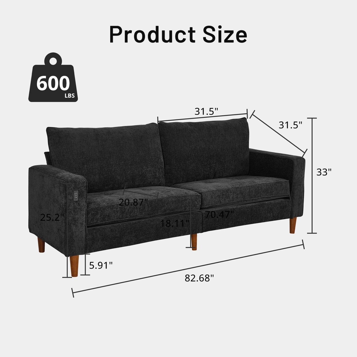 Modern 82 in. Square Arm Chenille Upholstered Rectangle Loveseat Sofa with USB Ports