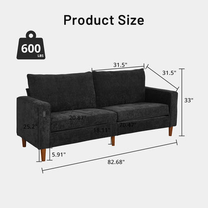 Modern 82 in. Square Arm Chenille Upholstered Rectangle Loveseat Sofa with USB Ports