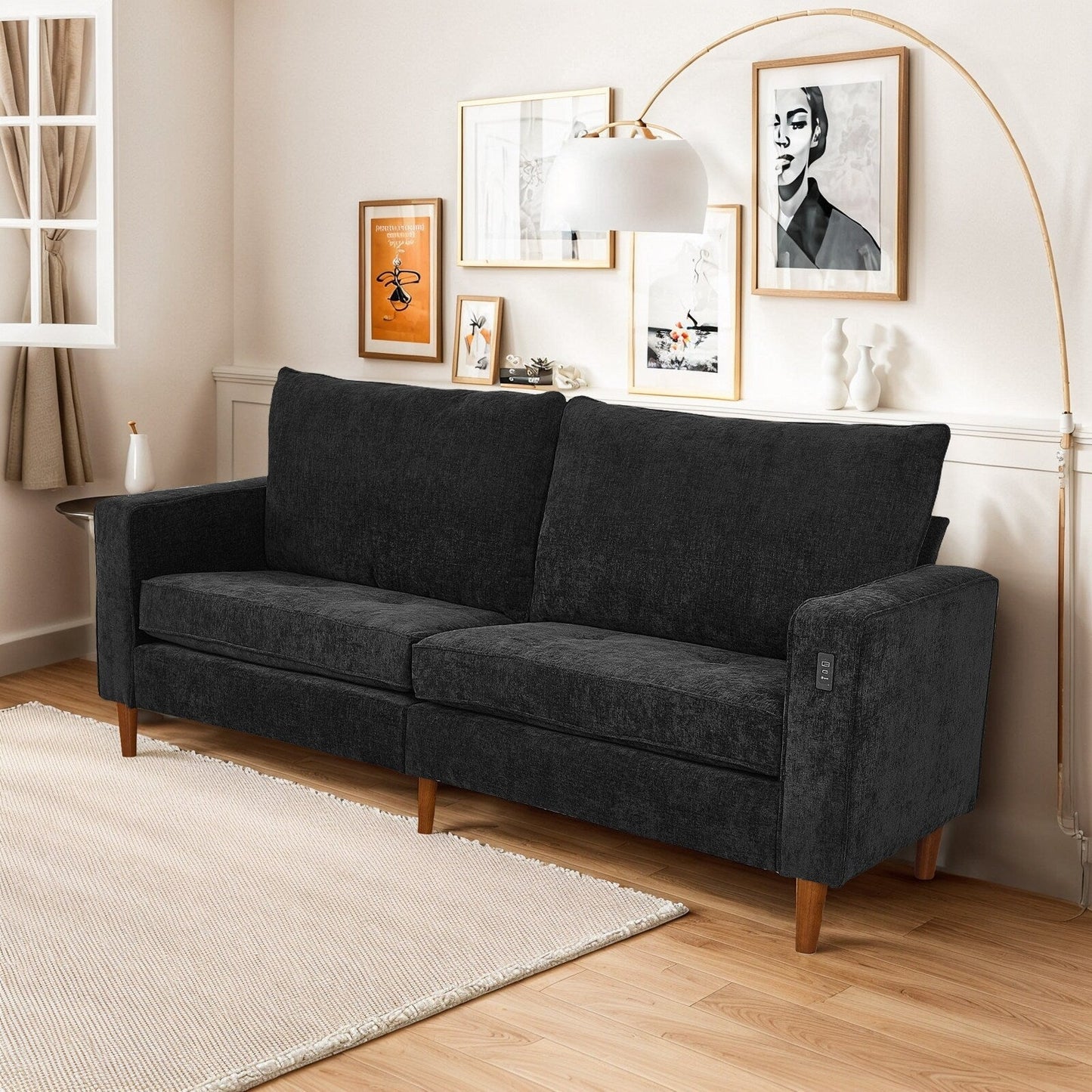 Modern 82 in. Square Arm Chenille Upholstered Rectangle Loveseat Sofa with USB Ports