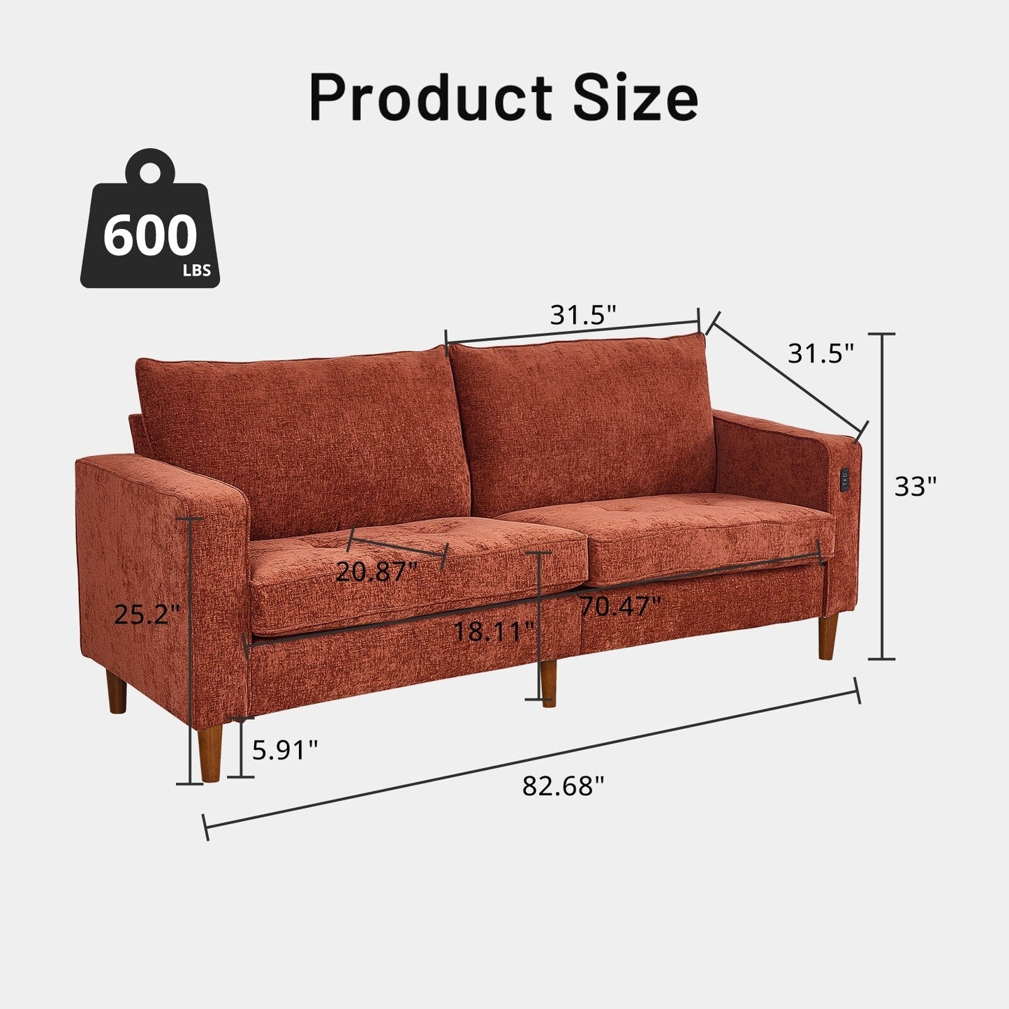 Modern 82 in. Square Arm Chenille Upholstered Rectangle Loveseat Sofa with USB Ports