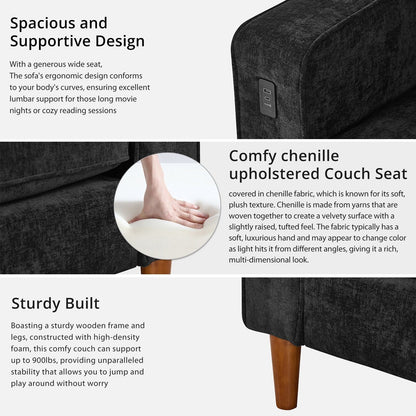 Modern 82 in. Square Arm Chenille Upholstered Rectangle Loveseat Sofa with USB Ports