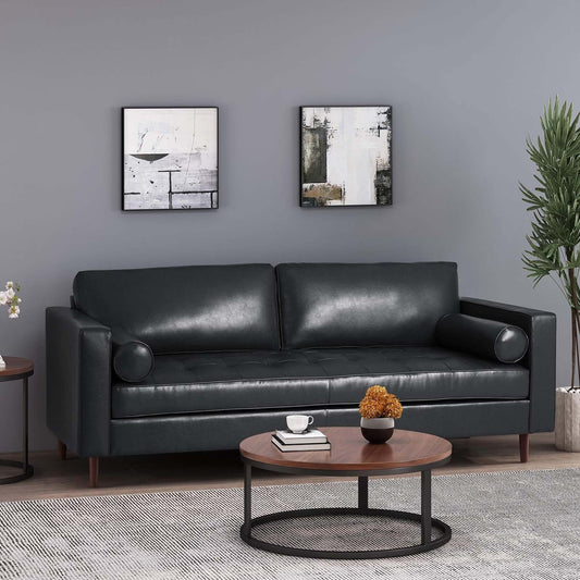 Modern 82.25 Faux Leather 3-Seater Sofa with Wood Legs