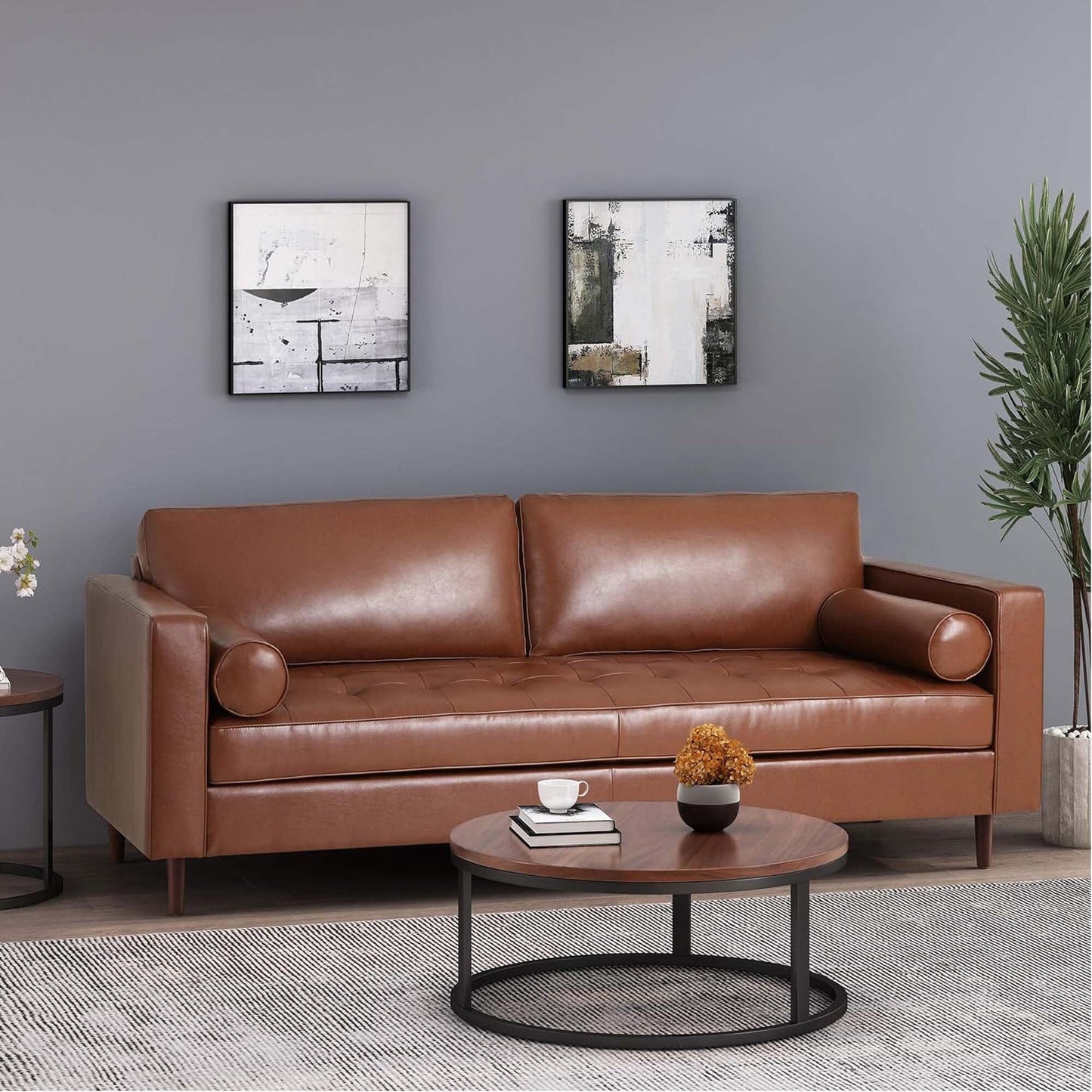 Modern 82.25 Faux Leather 3-Seater Sofa with Wood Legs