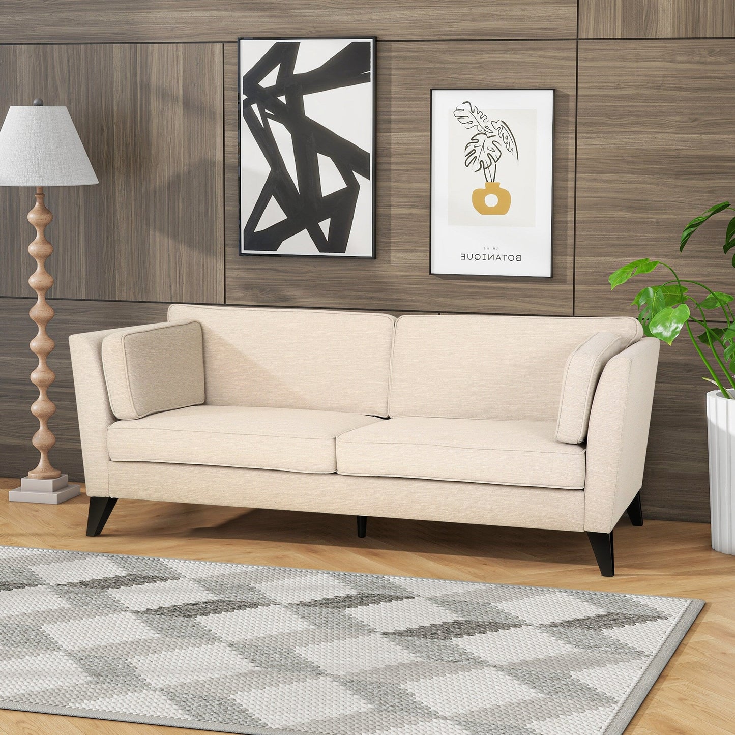 Modern 82.5 3-seater Sofa with Birch Wood Legs and Side Pillows for Living Room