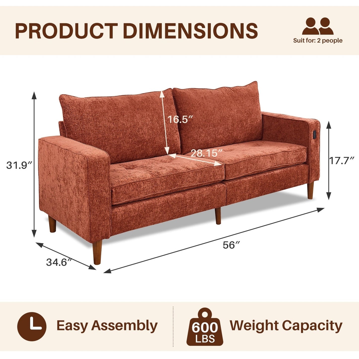 Modern 82.68  Chenille Upholstered Sofa Loveseat Sofa with USB Ports for Living Space