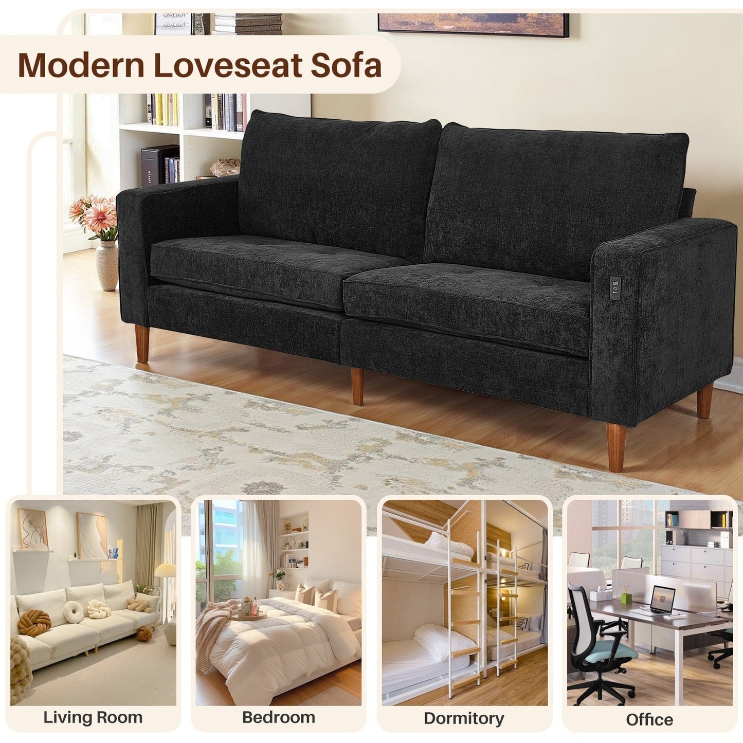 Modern 82.68  Chenille Upholstered Sofa Loveseat Sofa with USB Ports for Living Space