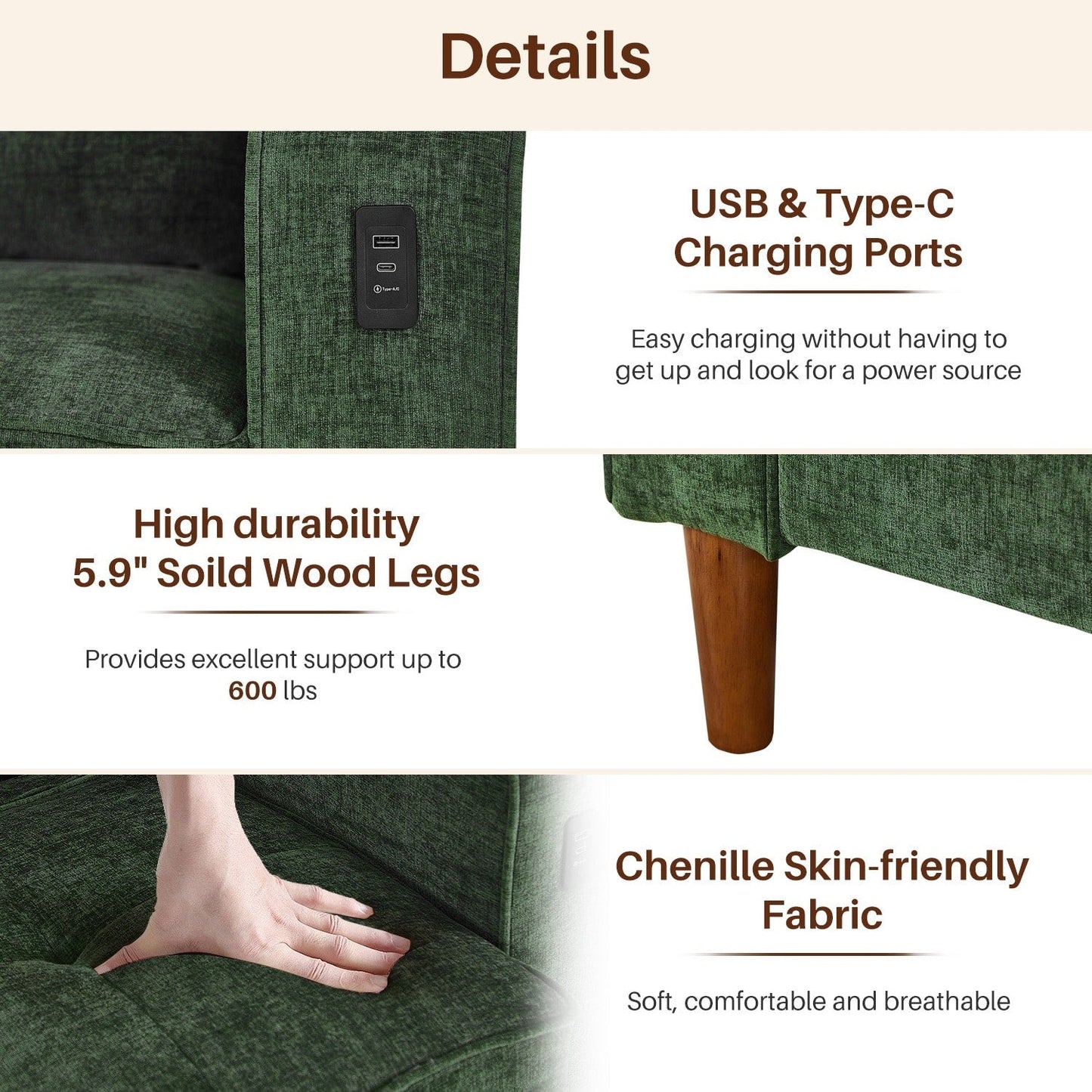 Modern 82.68  Chenille Upholstered Sofa Loveseat Sofa with USB Ports for Living Space