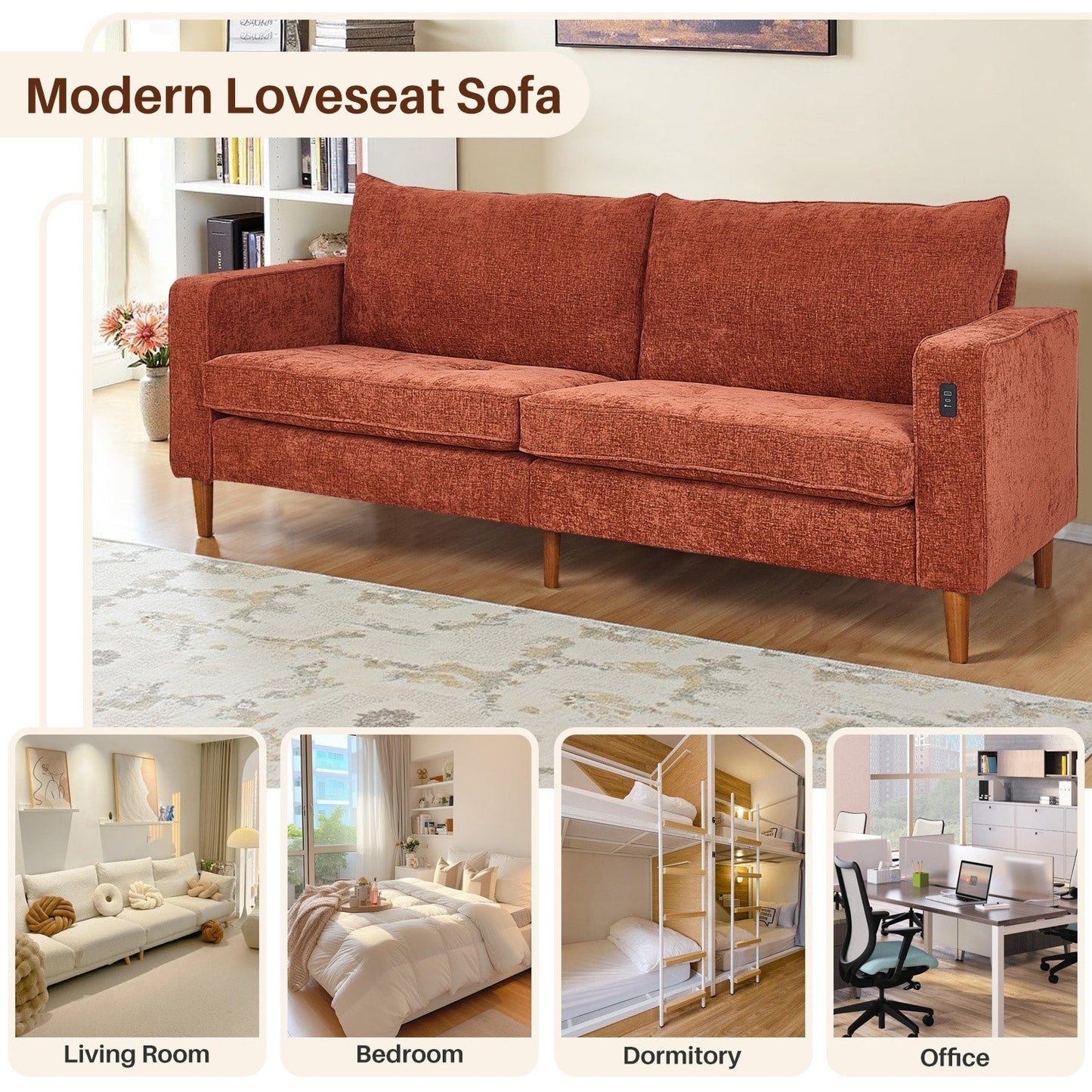 Modern 82.68  Chenille Upholstered Sofa Loveseat Sofa with USB Ports for Living Space
