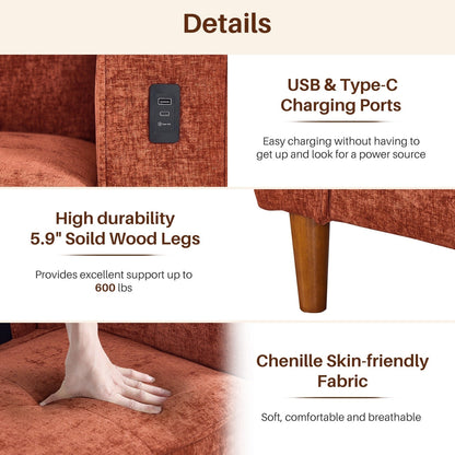Modern 82.68  Chenille Upholstered Sofa Loveseat Sofa with USB Ports for Living Space