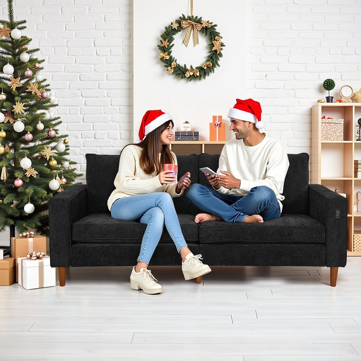 Modern 82.68  Chenille Upholstered Sofa Loveseat Sofa with USB Ports for Living Space
