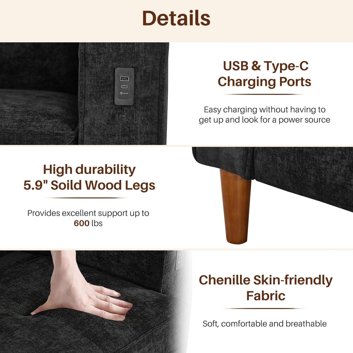 Modern 82.68  Chenille Upholstered Sofa Loveseat Sofa with USB Ports for Living Space