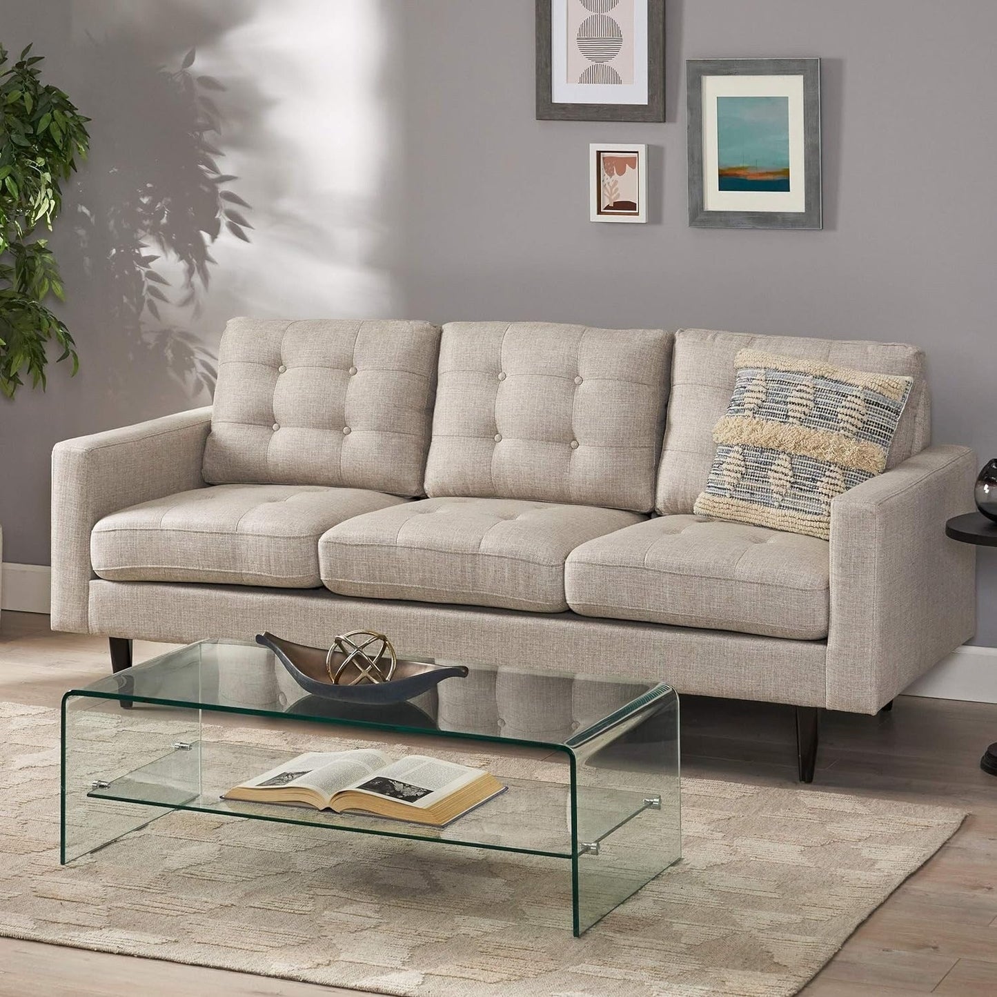 Modern 82.75 Button Tufted 3-seater Sofa with Birch Wood Legs for Living Room