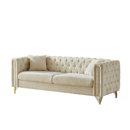 Modern 82 Chenille Buttons Tufted Upholstered 3-seater Sofa with Copper Nail Decoration and Metal Legs