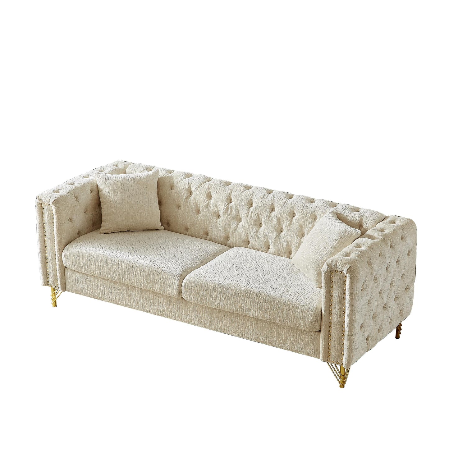 Modern 82 Chenille Buttons Tufted Upholstered 3-seater Sofa with Copper Nail Decoration and Metal Legs