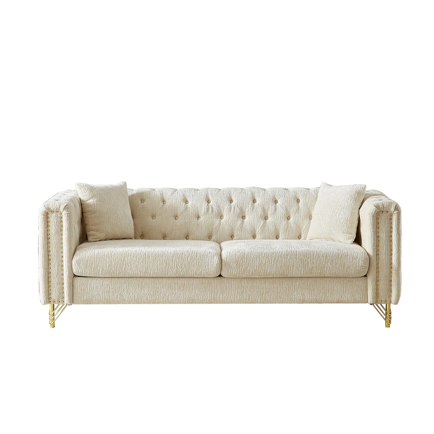 Modern 82 Chenille Buttons Tufted Upholstered 3-seater Sofa with Copper Nail Decoration and Metal Legs