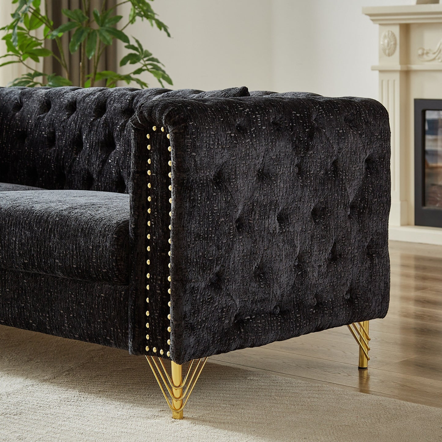Modern 82 Chenille Buttons Tufted Upholstered 3-seater Sofa with Copper Nail Decoration and Metal Legs
