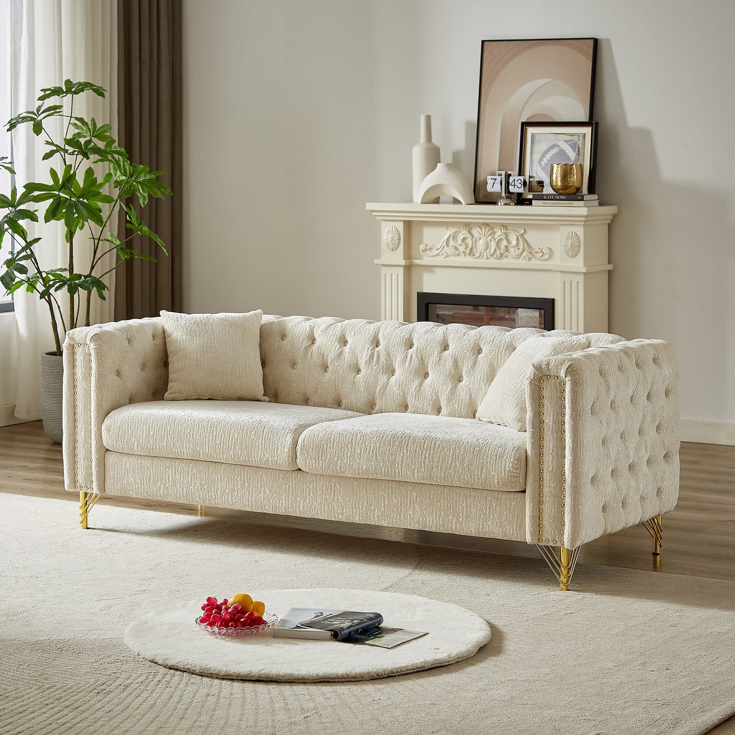 Modern 82 Chenille Buttons Tufted Upholstered 3-seater Sofa with Copper Nail Decoration and Metal Legs