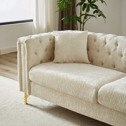 Modern 82 Chenille Buttons Tufted Upholstered 3-seater Sofa with Copper Nail Decoration and Metal Legs