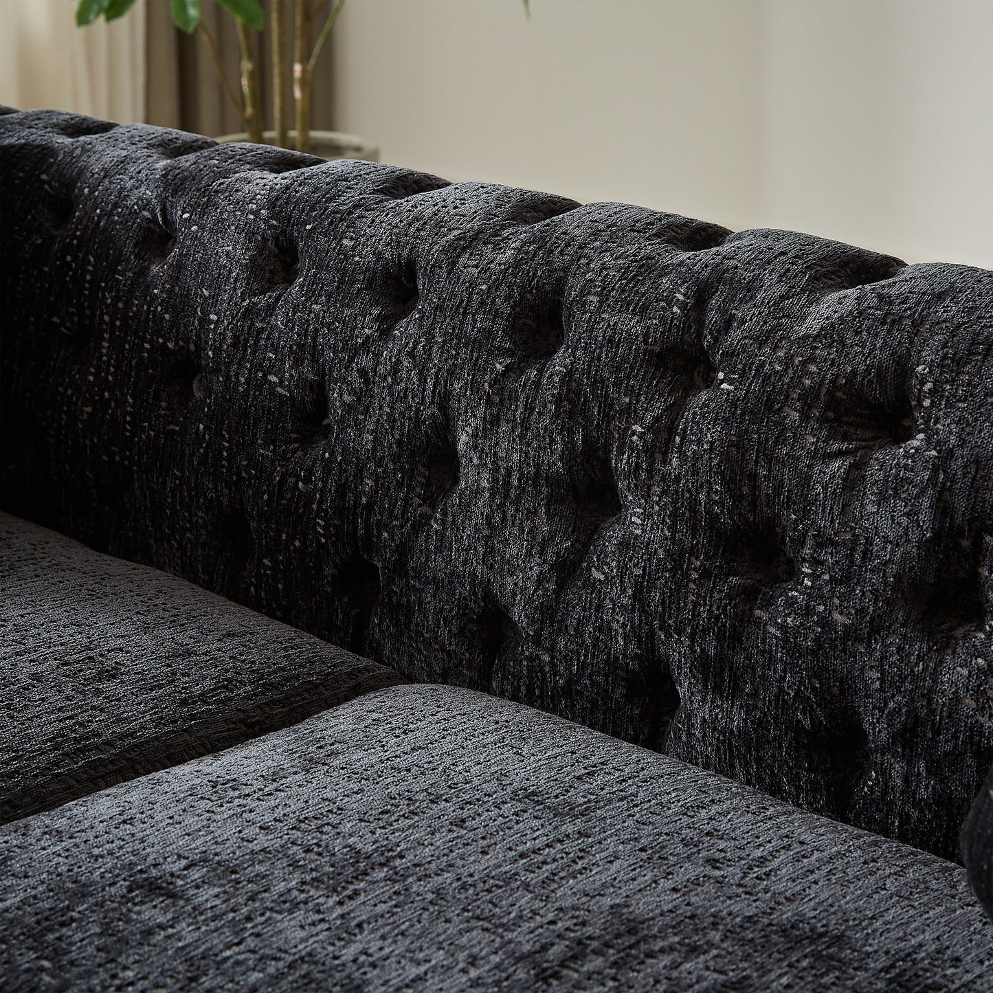 Modern 82 Chenille Buttons Tufted Upholstered 3-seater Sofa with Copper Nail Decoration and Metal Legs