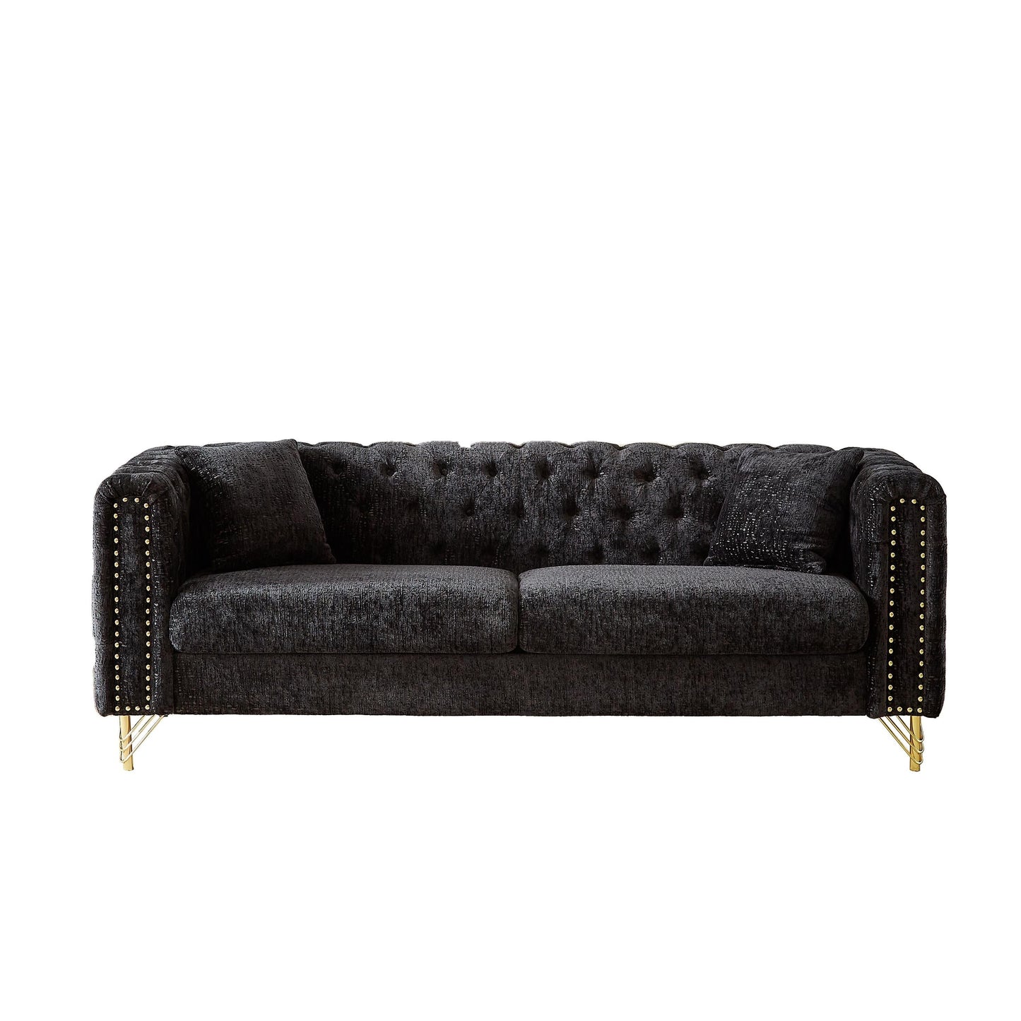 Modern 82 Chenille Buttons Tufted Upholstered 3-seater Sofa with Copper Nail Decoration and Metal Legs