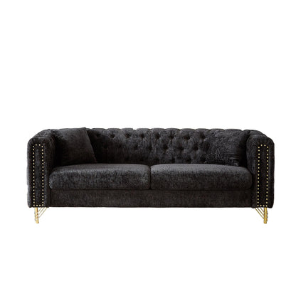 Modern 82 Chenille Buttons Tufted Upholstered 3-seater Sofa with Copper Nail Decoration and Metal Legs