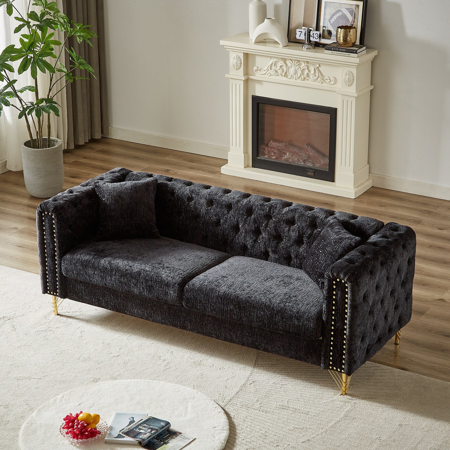 Modern 82 Chenille Buttons Tufted Upholstered 3-seater Sofa with Copper Nail Decoration and Metal Legs