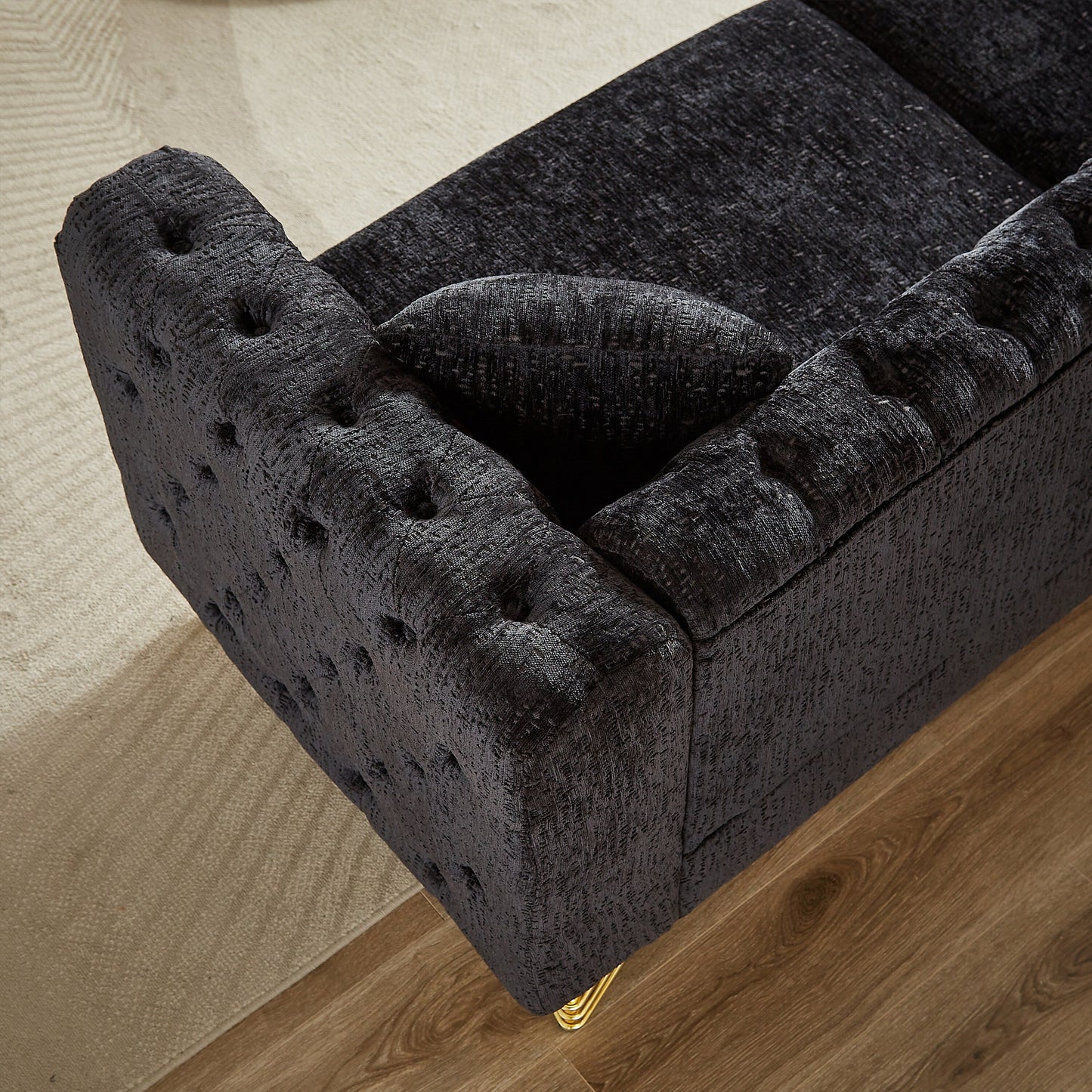 Modern 82 Chenille Buttons Tufted Upholstered 3-seater Sofa with Copper Nail Decoration and Metal Legs