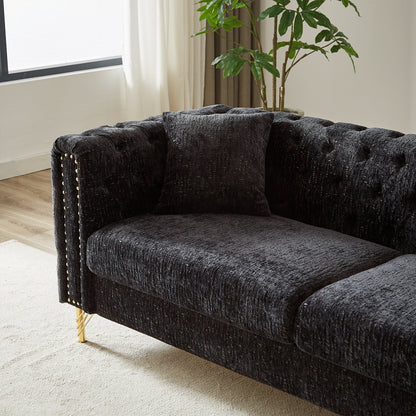 Modern 82 Chenille Buttons Tufted Upholstered 3-seater Sofa with Copper Nail Decoration and Metal Legs