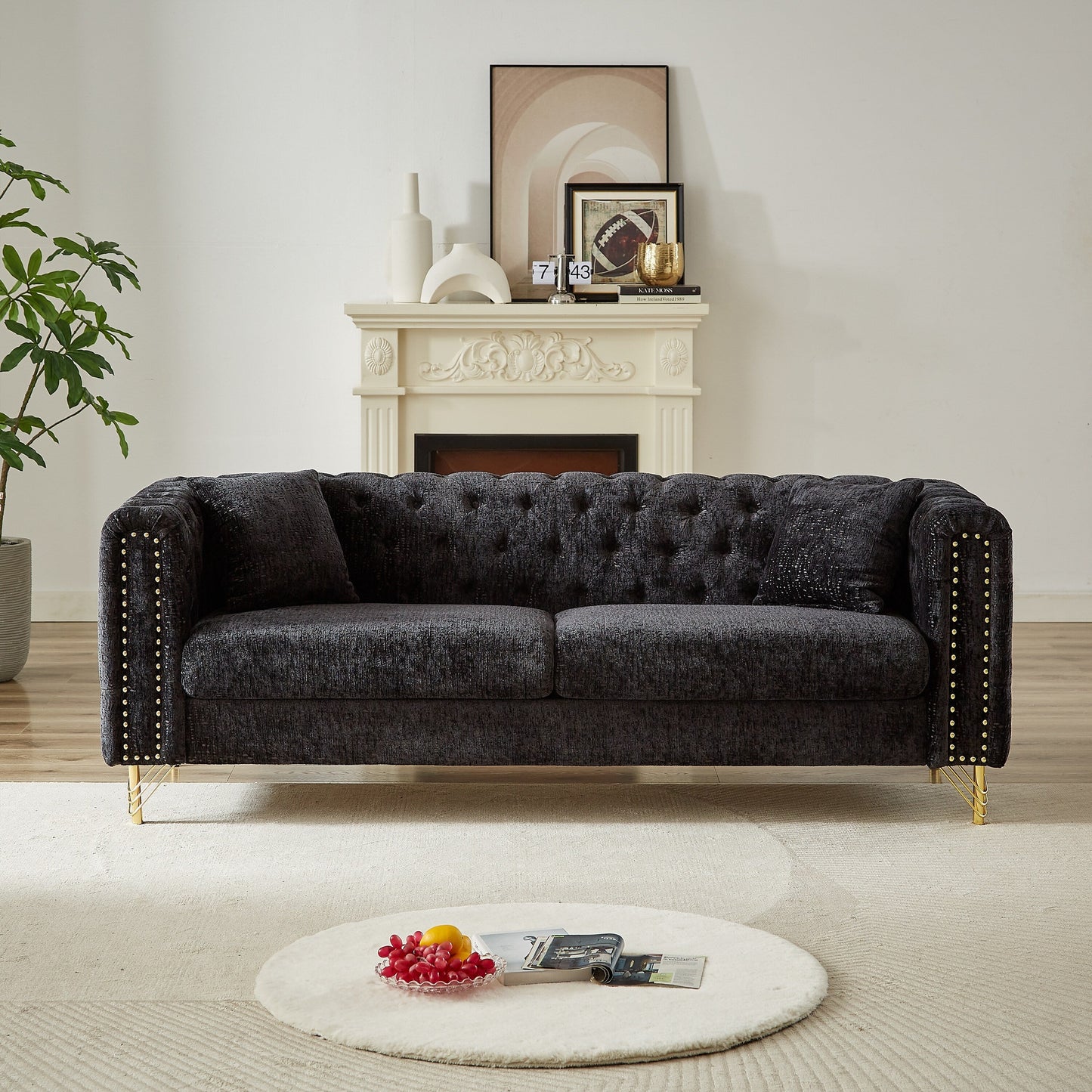 Modern 82 Chenille Buttons Tufted Upholstered 3-seater Sofa with Copper Nail Decoration and Metal Legs