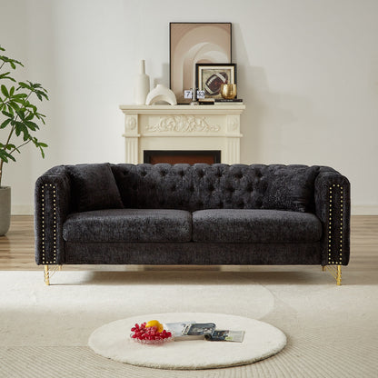 Modern 82 Chenille Buttons Tufted Upholstered 3-seater Sofa with Copper Nail Decoration and Metal Legs