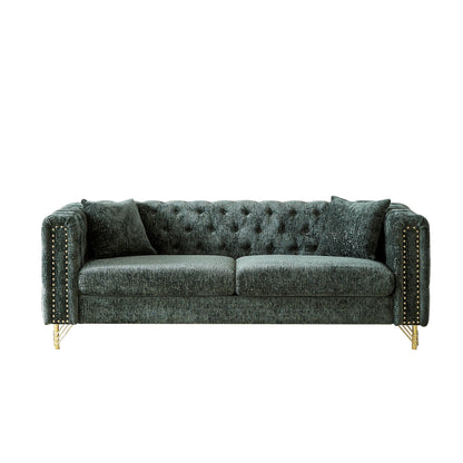 Modern 82 Chenille Buttons Tufted Upholstered 3-seater Sofa with Copper Nail Decoration and Metal Legs
