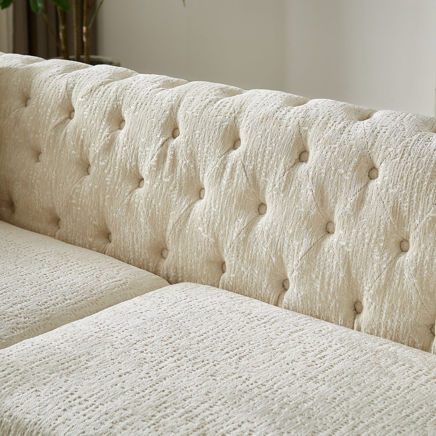 Modern 82 Chenille Buttons Tufted Upholstered 3-seater Sofa with Copper Nail Decoration and Metal Legs