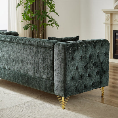 Modern 82 Chenille Buttons Tufted Upholstered 3-seater Sofa with Copper Nail Decoration and Metal Legs