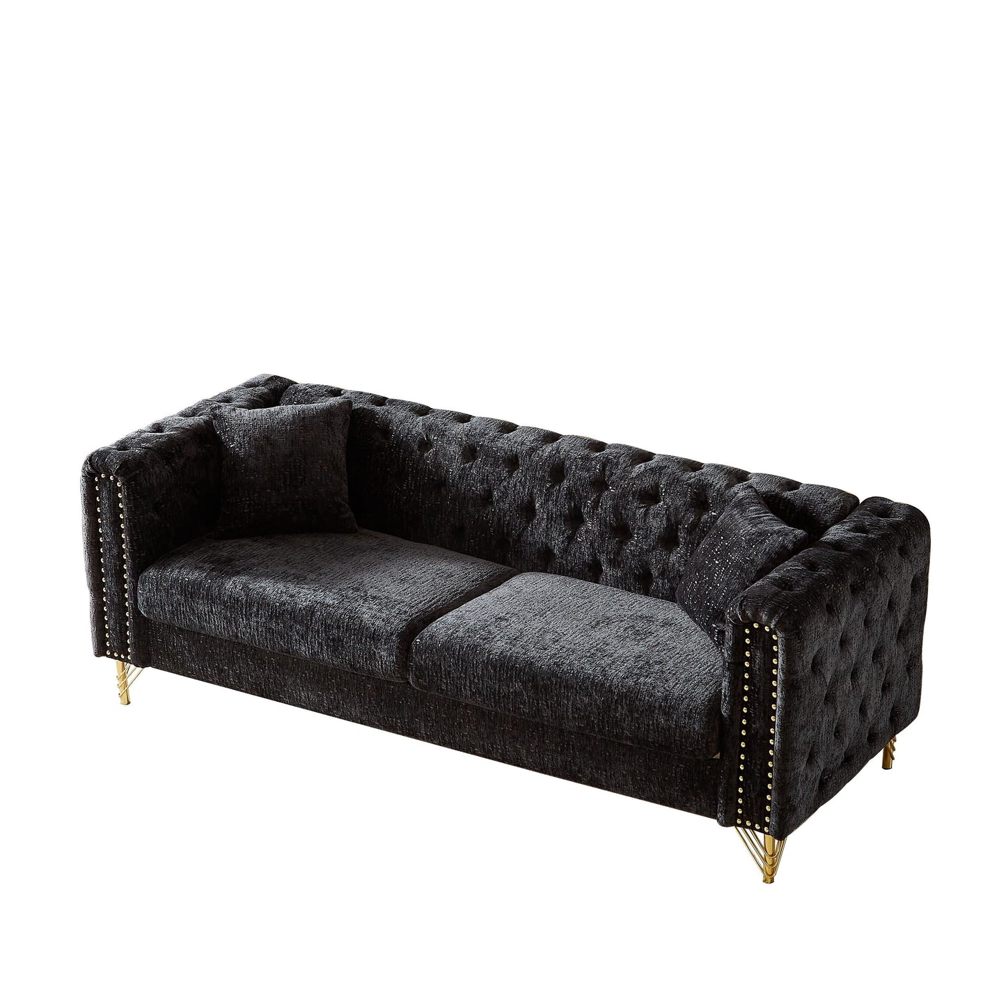Modern 82 Chenille Buttons Tufted Upholstered 3-seater Sofa with Copper Nail Decoration and Metal Legs