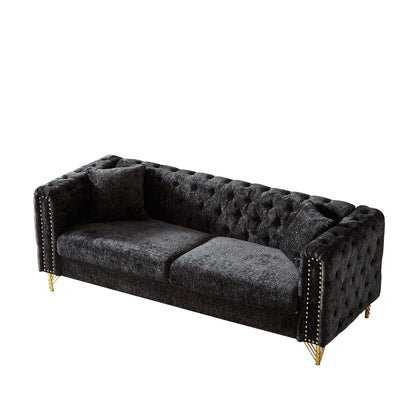 Modern 82 Chenille Buttons Tufted Upholstered 3-seater Sofa with Copper Nail Decoration and Metal Legs