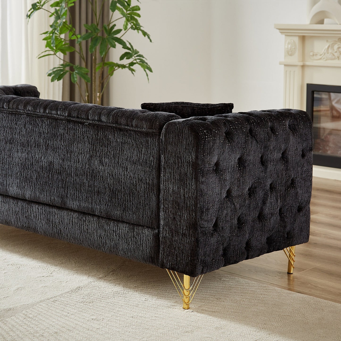 Modern 82 Chenille Buttons Tufted Upholstered 3-seater Sofa with Copper Nail Decoration and Metal Legs