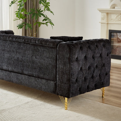 Modern 82 Chenille Buttons Tufted Upholstered 3-seater Sofa with Copper Nail Decoration and Metal Legs