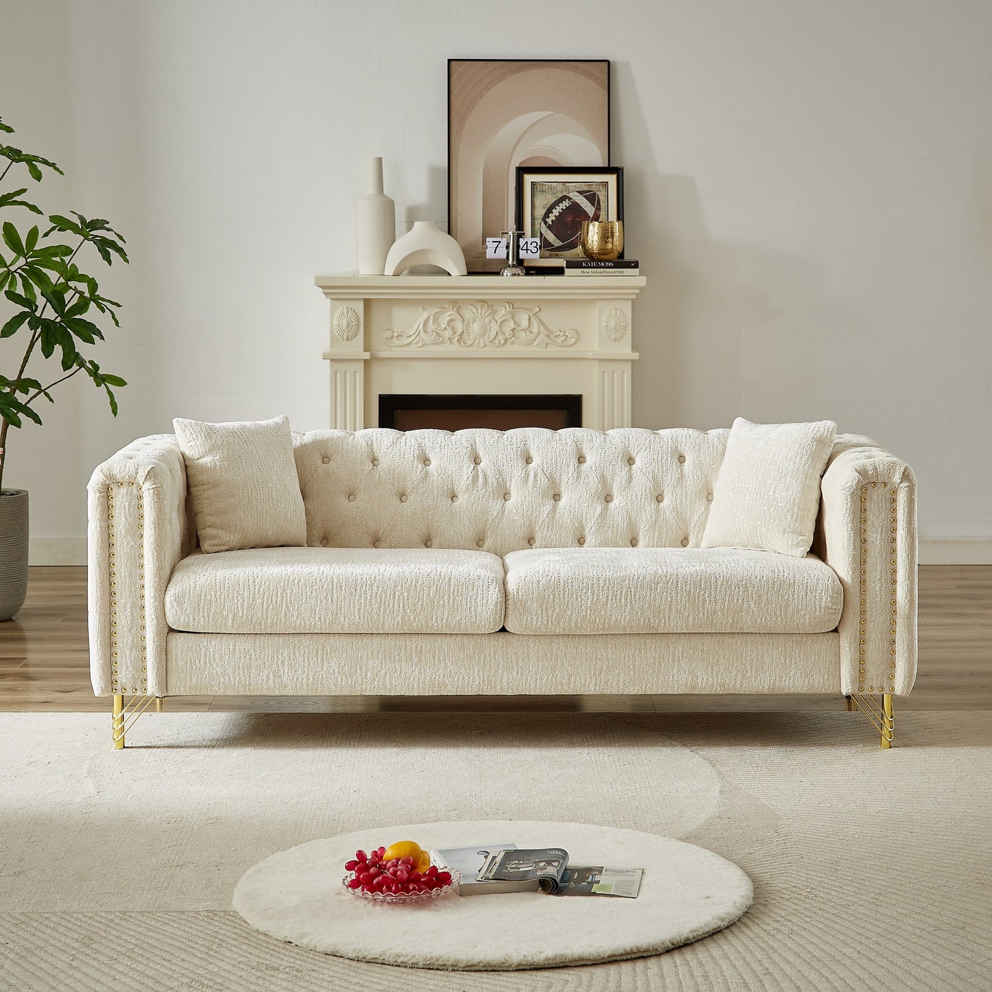 Modern 82 Chenille Buttons Tufted Upholstered 3-seater Sofa with Copper Nail Decoration and Metal Legs