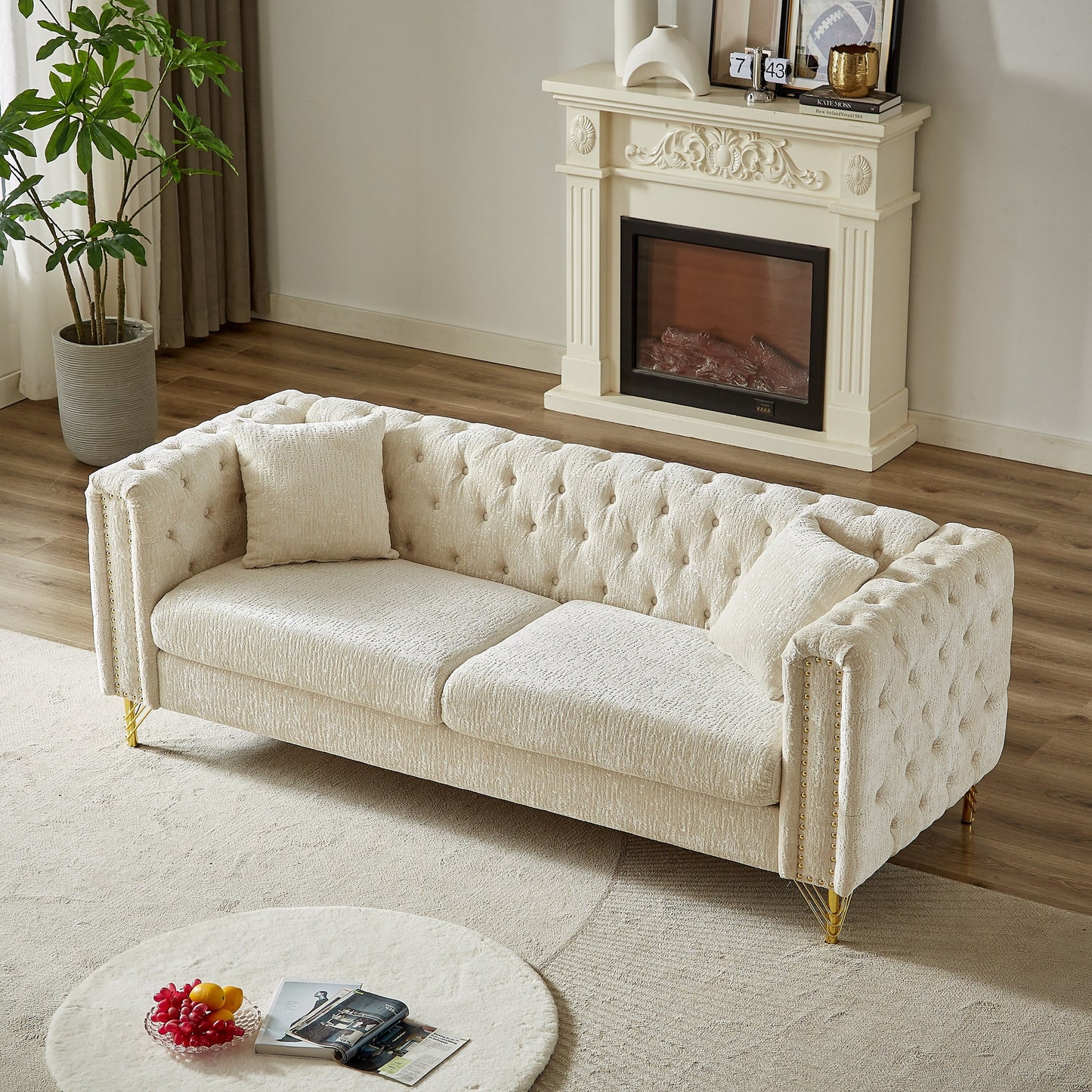 Modern 82 Chenille Buttons Tufted Upholstered 3-seater Sofa with Copper Nail Decoration and Metal Legs