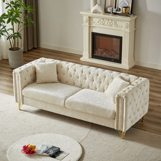 Modern 82 Chenille Buttons Tufted Upholstered 3-seater Sofa with Copper Nail Decoration and Metal Legs