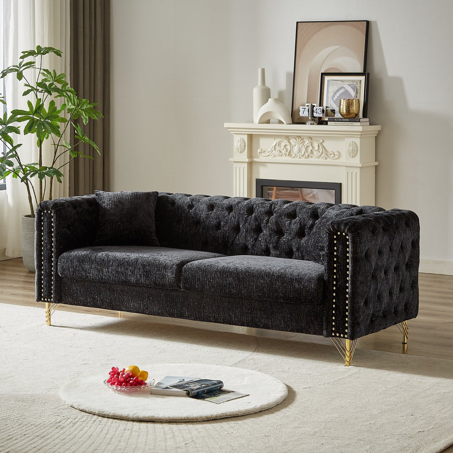 Modern 82 Chenille Buttons Tufted Upholstered 3-seater Sofa with Copper Nail Decoration and Metal Legs