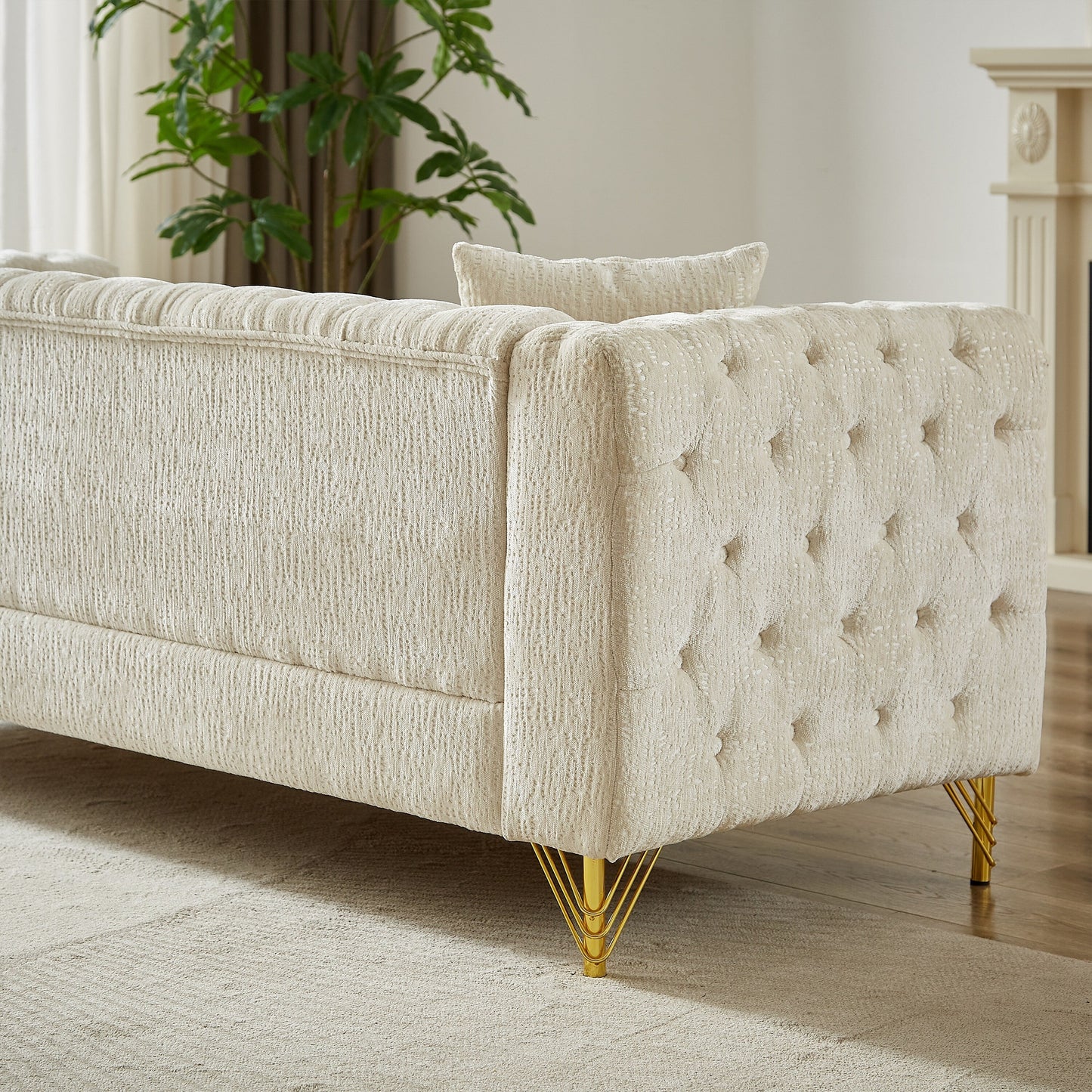 Modern 82 Chenille Buttons Tufted Upholstered 3-seater Sofa with Copper Nail Decoration and Metal Legs