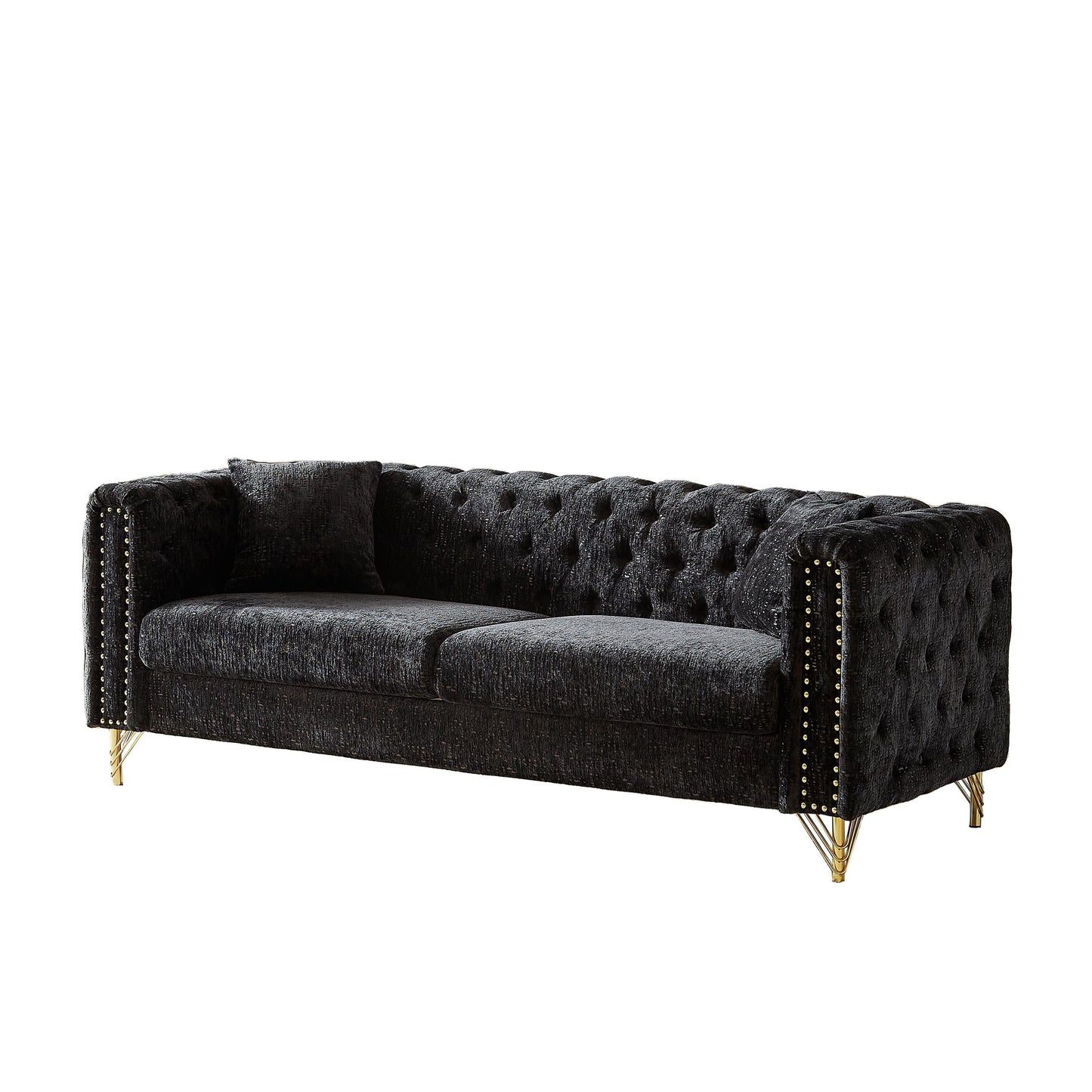 Modern 82 Chenille Buttons Tufted Upholstered 3-seater Sofa with Copper Nail Decoration and Metal Legs